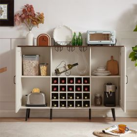 White Faux Rattan Barn Door Wine Cabinet with Wine Rack and Wine Glass Rack, Double Door Design with Removable Shelves, Rustic Wood Storage Cabinet