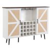 White Faux Rattan Barn Door Wine Cabinet with Wine Rack and Wine Glass Rack, Double Door Design with Removable Shelves, Rustic Wood Storage Cabinet