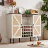 White Faux Rattan Barn Door Wine Cabinet with Wine Rack and Wine Glass Rack, Double Door Design with Removable Shelves, Rustic Wood Storage Cabinet